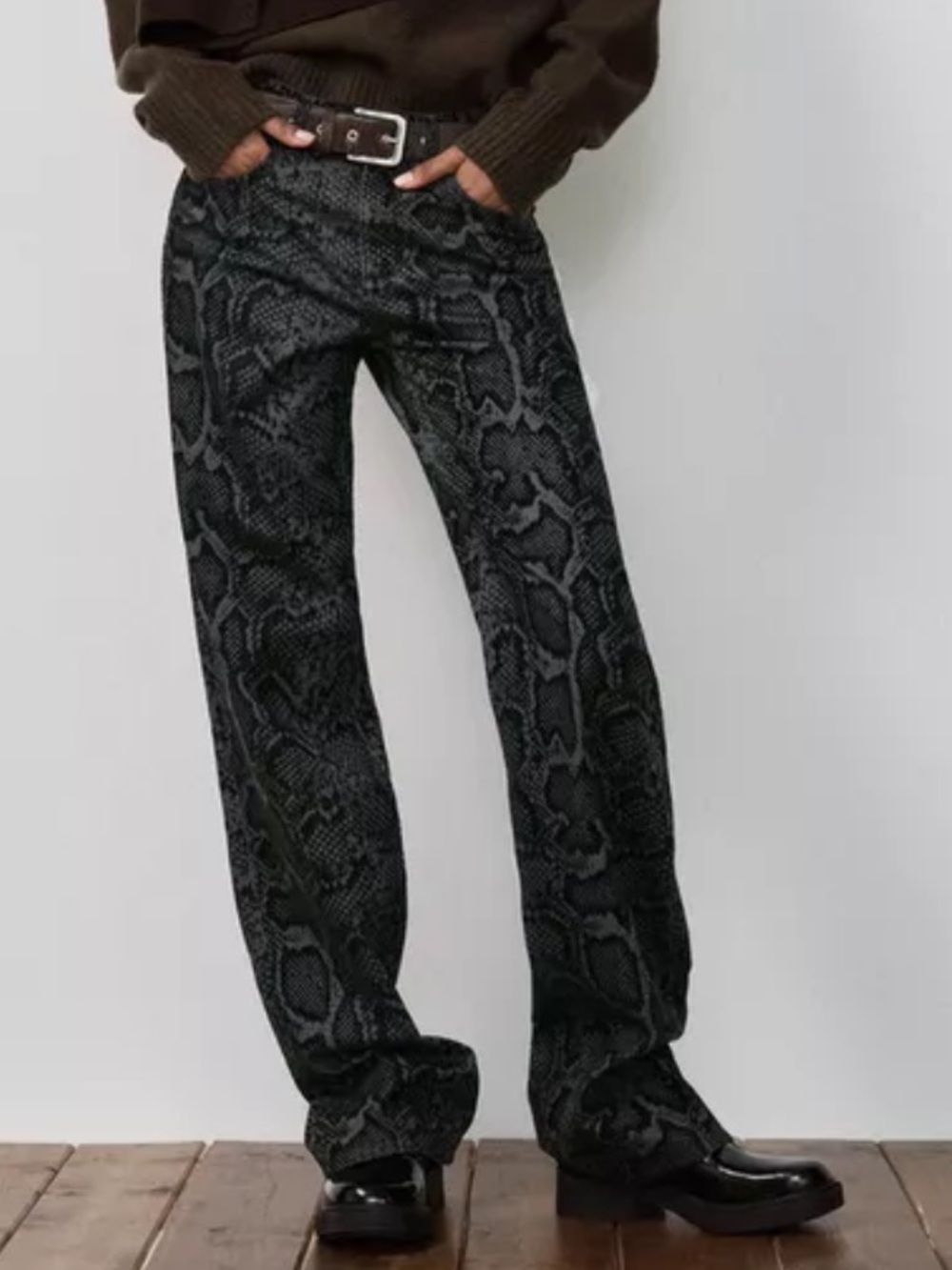 ZARA Snakeskin Print Flocked Denim